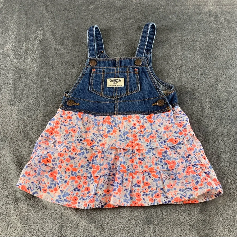 Oshkosh Vintage Romper Denim Bib Top With Floral Ruffle‎ Skirt Size 12 Months